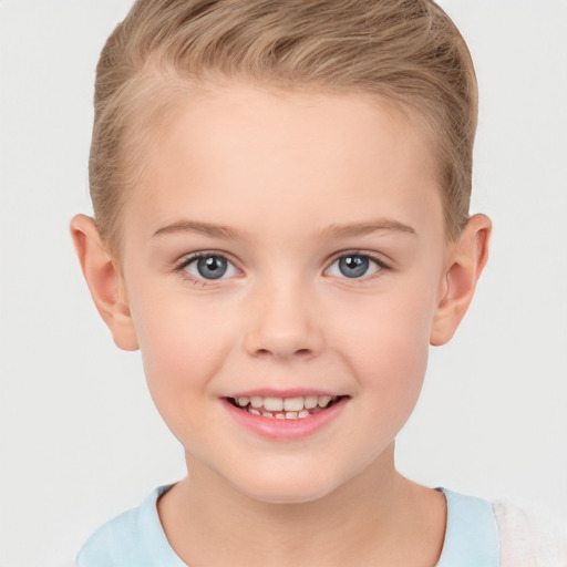 Joyful white child female with short  brown hair and brown eyes