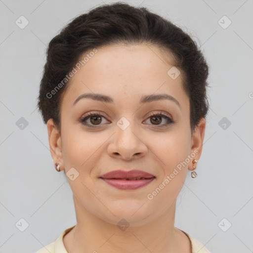 Joyful latino young-adult female with short  brown hair and brown eyes