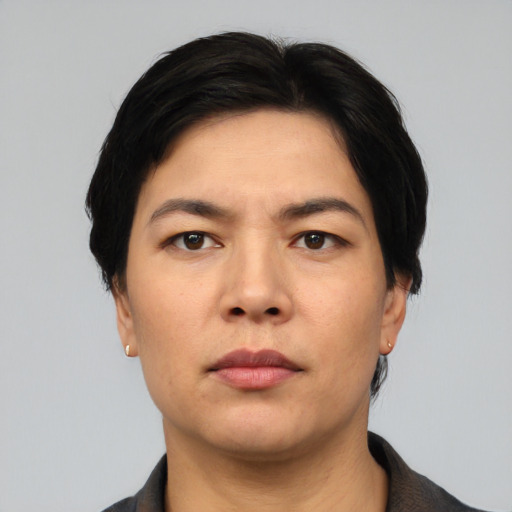 Neutral asian adult male with short  black hair and brown eyes