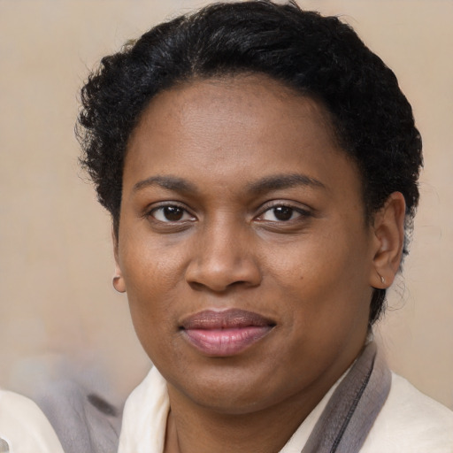 Joyful latino adult female with short  brown hair and brown eyes