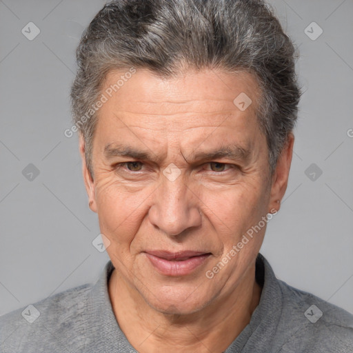 Joyful white middle-aged male with short  brown hair and brown eyes