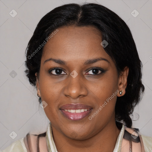 Joyful black young-adult female with medium  black hair and brown eyes