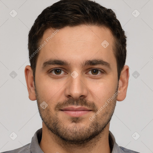 Neutral white young-adult male with short  brown hair and brown eyes