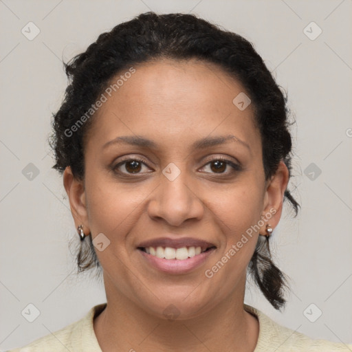 Joyful latino young-adult female with short  brown hair and brown eyes