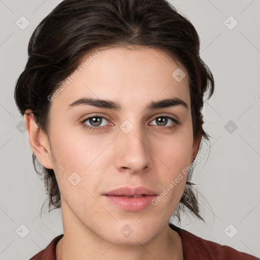 Neutral white young-adult female with medium  brown hair and brown eyes