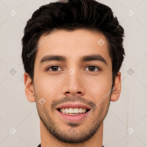 Joyful white young-adult male with short  black hair and brown eyes