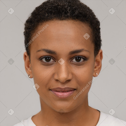 Joyful black young-adult female with short  brown hair and brown eyes