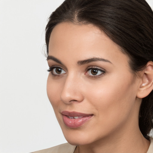 Neutral white young-adult female with medium  brown hair and brown eyes