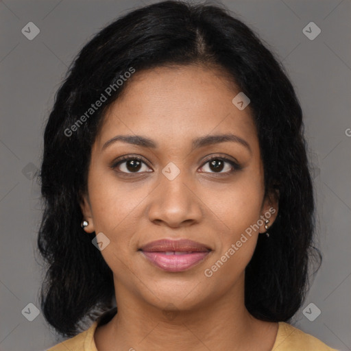 Joyful latino young-adult female with long  brown hair and brown eyes