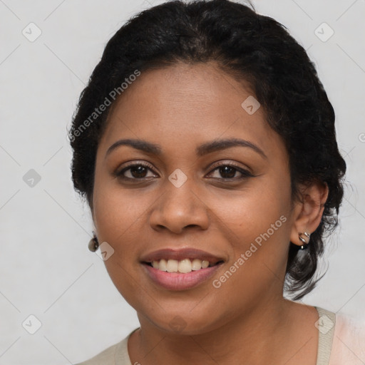 Joyful latino young-adult female with short  black hair and brown eyes