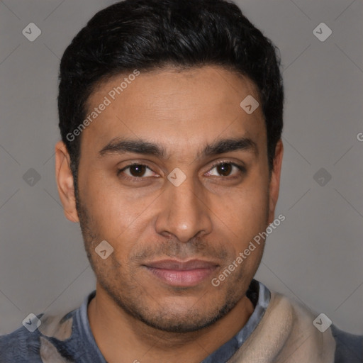 Neutral latino young-adult male with short  black hair and brown eyes
