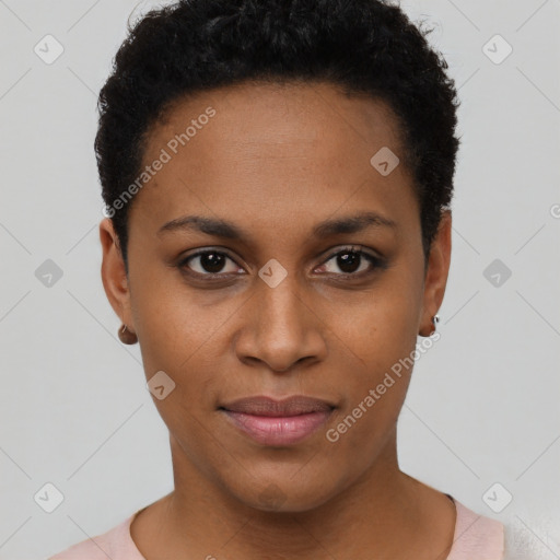 Joyful black young-adult female with short  black hair and brown eyes