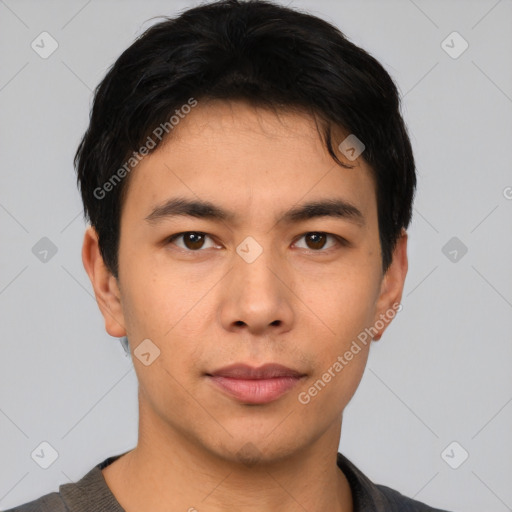 Neutral asian young-adult male with short  brown hair and brown eyes