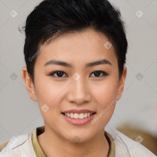 Joyful latino young-adult female with short  brown hair and brown eyes