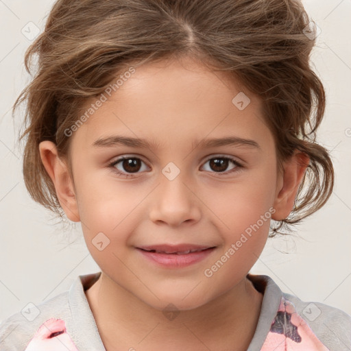 Joyful white child female with medium  brown hair and brown eyes