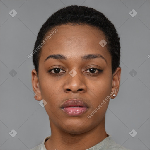 Neutral black young-adult female with short  black hair and brown eyes