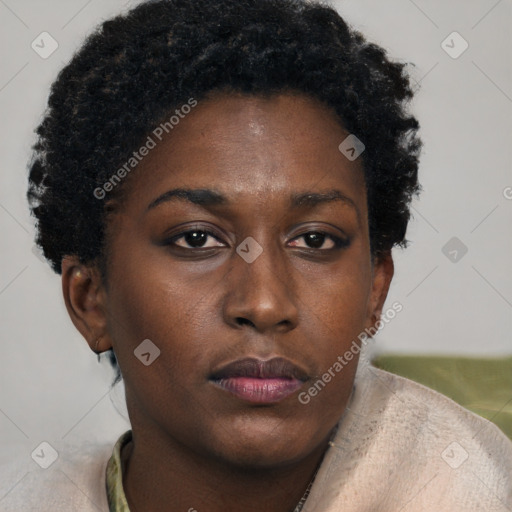 Neutral black young-adult female with short  brown hair and brown eyes