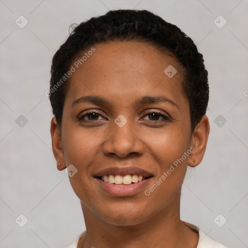 Joyful latino young-adult female with short  brown hair and brown eyes