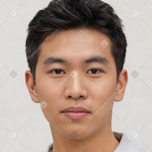 Neutral asian young-adult male with short  black hair and brown eyes