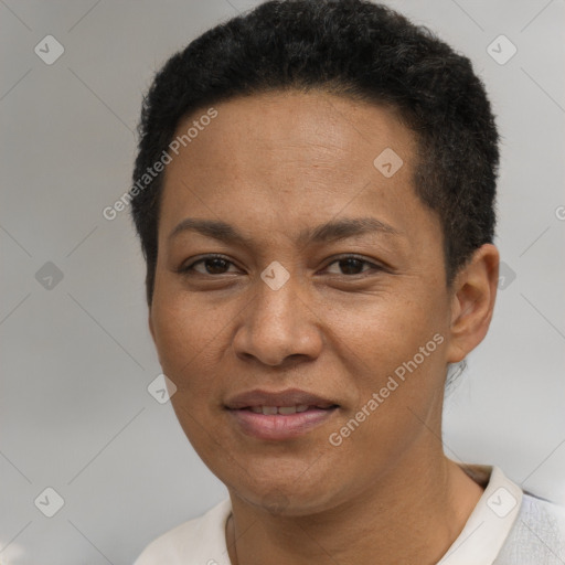 Joyful white adult female with short  brown hair and brown eyes