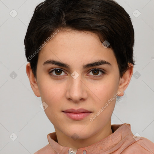 Joyful white young-adult female with short  brown hair and brown eyes