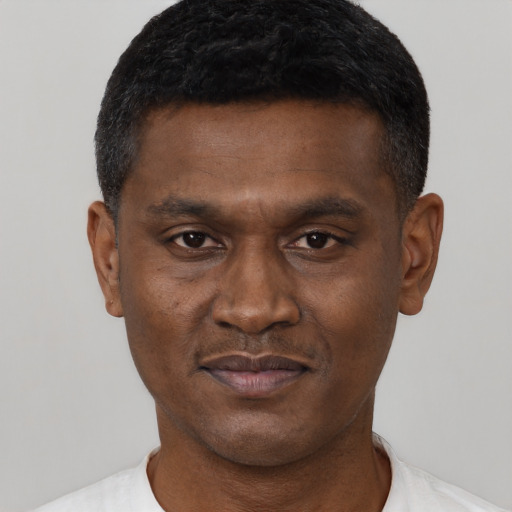 Neutral black adult male with short  brown hair and brown eyes