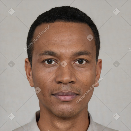 Neutral black young-adult male with short  black hair and brown eyes