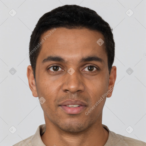 Neutral latino young-adult male with short  black hair and brown eyes