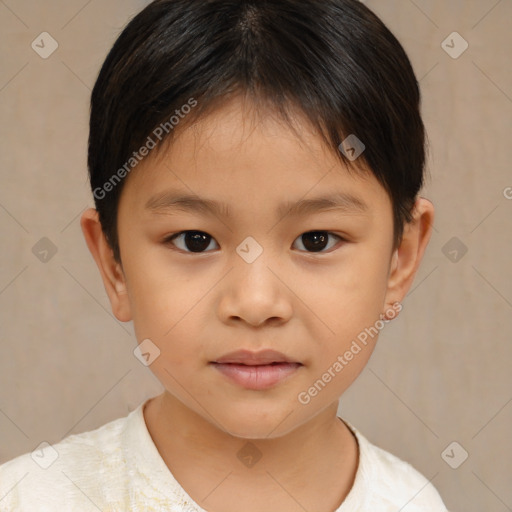 Joyful white child female with short  brown hair and brown eyes