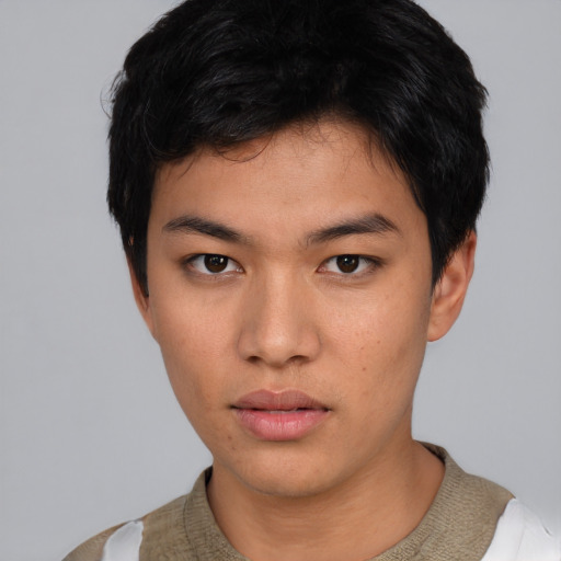 Neutral asian young-adult male with short  black hair and brown eyes