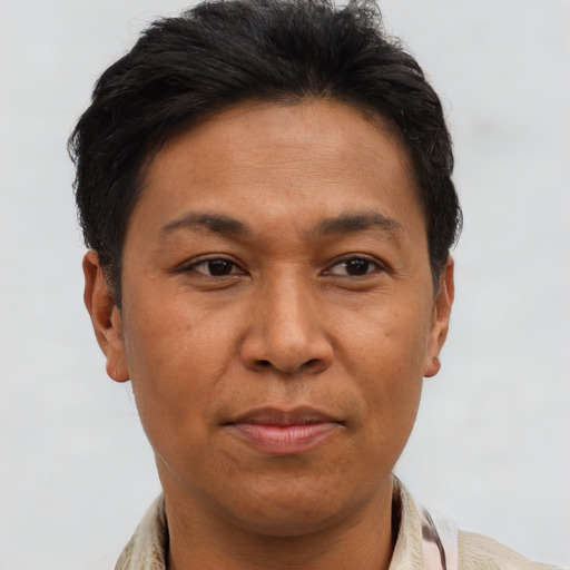 Joyful asian adult male with short  brown hair and brown eyes