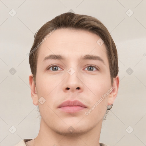 Neutral white young-adult male with short  brown hair and grey eyes