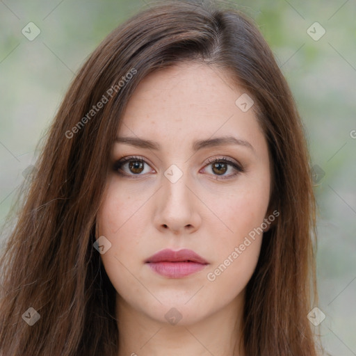 Neutral white young-adult female with long  brown hair and brown eyes