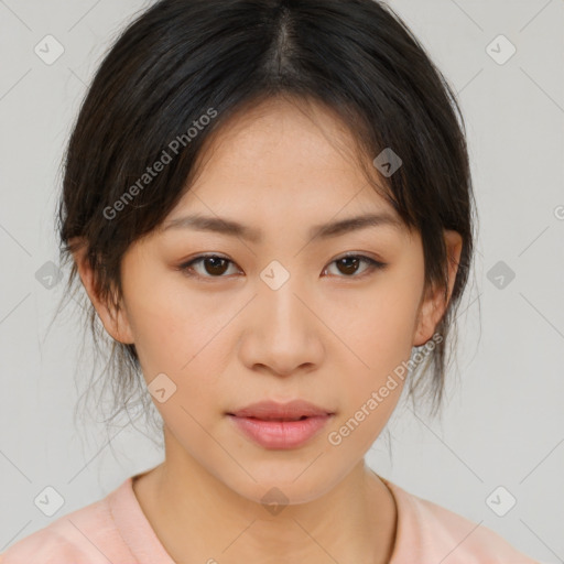 Neutral asian young-adult female with medium  brown hair and brown eyes