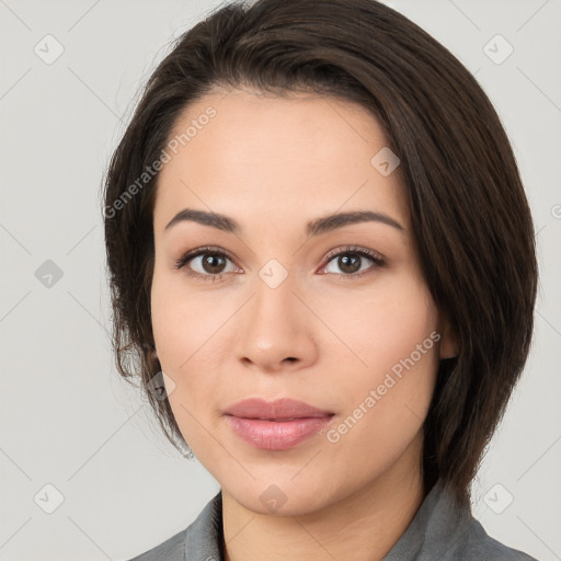 Neutral white young-adult female with medium  brown hair and brown eyes