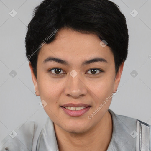 Joyful asian young-adult female with short  black hair and brown eyes