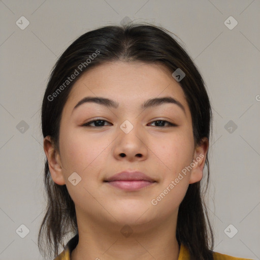 Neutral asian young-adult female with medium  brown hair and brown eyes