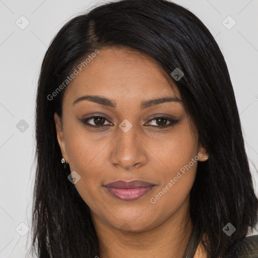 Joyful asian young-adult female with long  brown hair and brown eyes