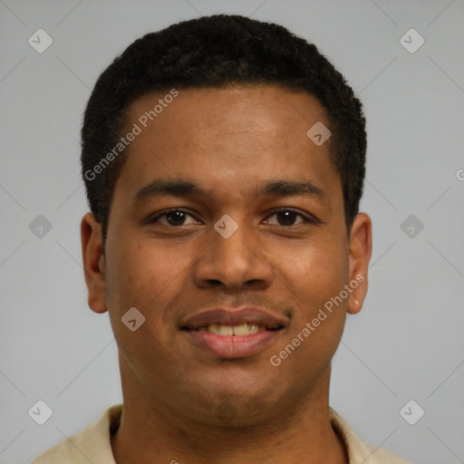 Joyful latino young-adult male with short  brown hair and brown eyes
