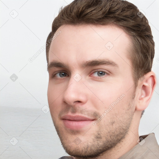 Neutral white young-adult male with short  brown hair and grey eyes