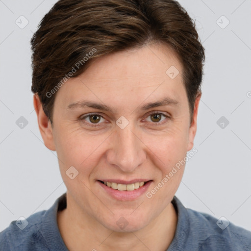 Joyful white adult female with short  brown hair and grey eyes