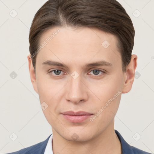 Joyful white young-adult male with short  brown hair and brown eyes