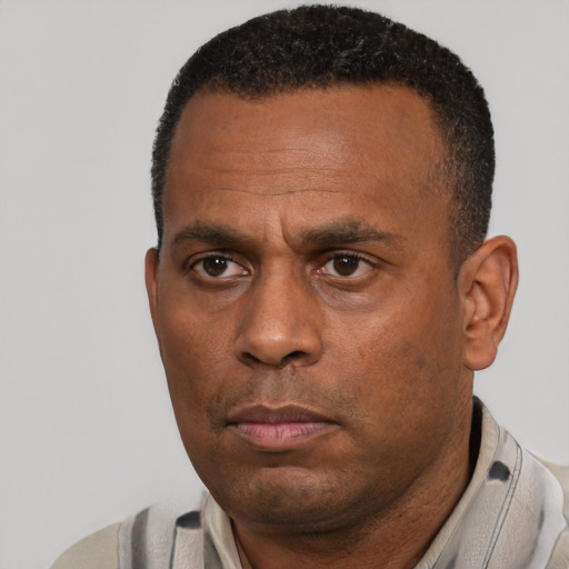 Neutral black adult male with short  black hair and brown eyes