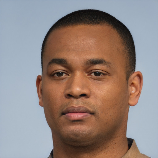 Neutral black young-adult male with short  black hair and brown eyes