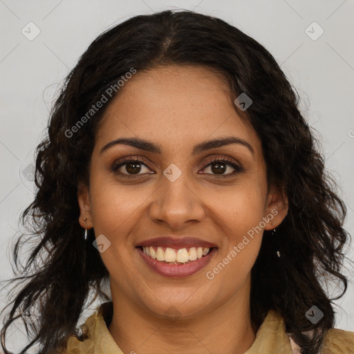 Joyful latino young-adult female with long  brown hair and brown eyes