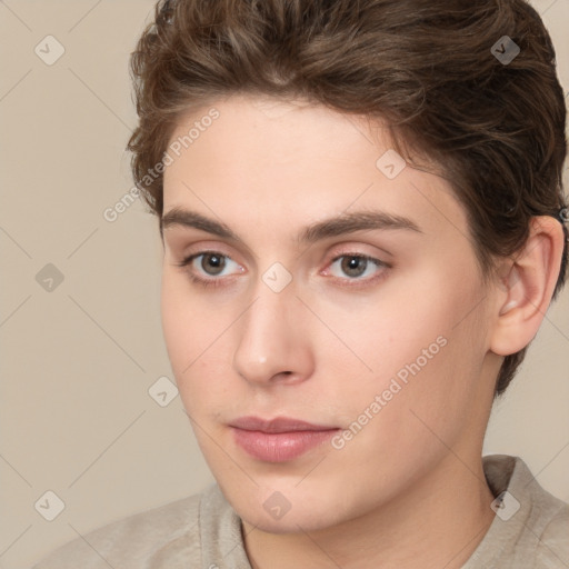 Neutral white young-adult female with medium  brown hair and brown eyes