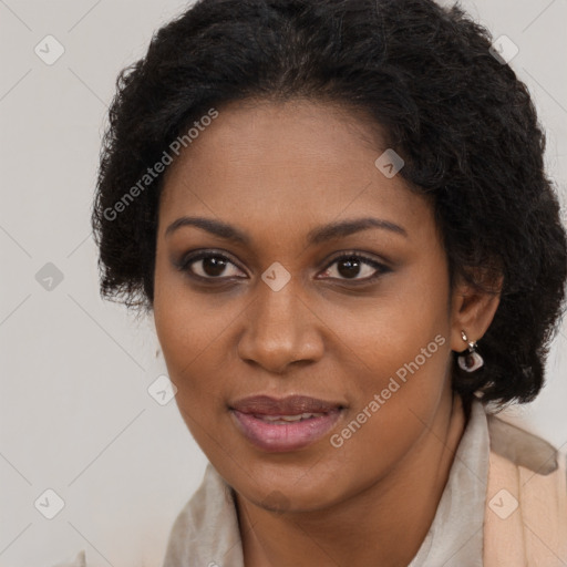 Joyful black young-adult female with long  brown hair and brown eyes