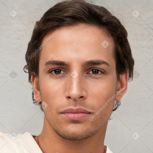 Neutral white young-adult male with short  brown hair and brown eyes