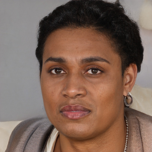 Joyful black young-adult female with short  black hair and brown eyes