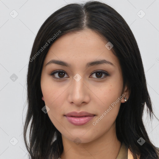 Joyful asian young-adult female with long  brown hair and brown eyes